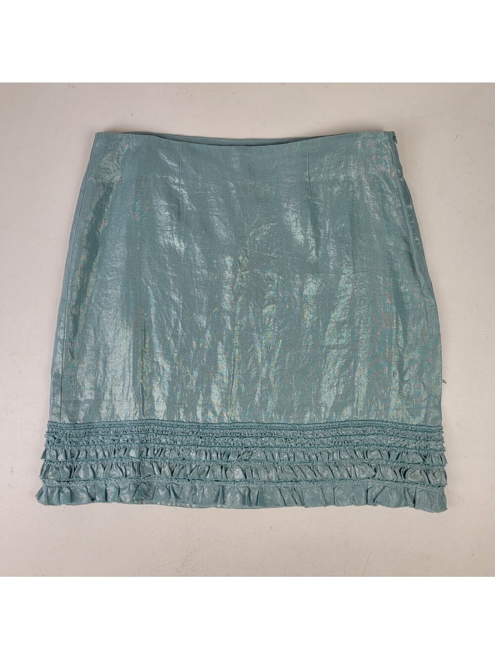 Tommy Bahama 100% Linen Shimmery Blue Mini Skirt w Ruffled Hem Detail Sz 10